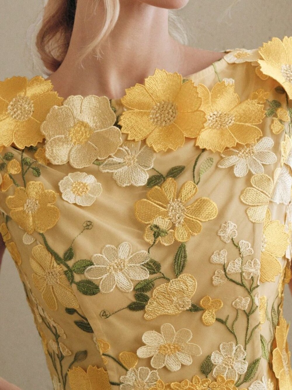 Yellow Elegant Women's A-Line Dress With 3d Floral - Picture 5 of 7